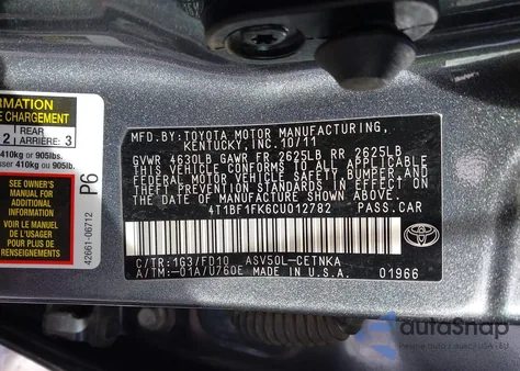 2012 Toyota Camry Le from USA, damaged, VIN 4T1BF1FK6CU012782